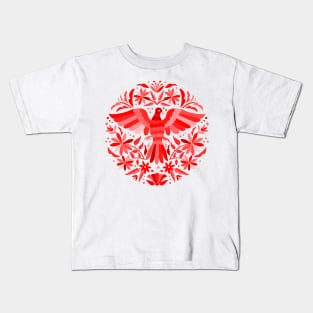 Flying Bird - Mexican Otomí Stamp Design in Red Shades by Akbaly Kids T-Shirt